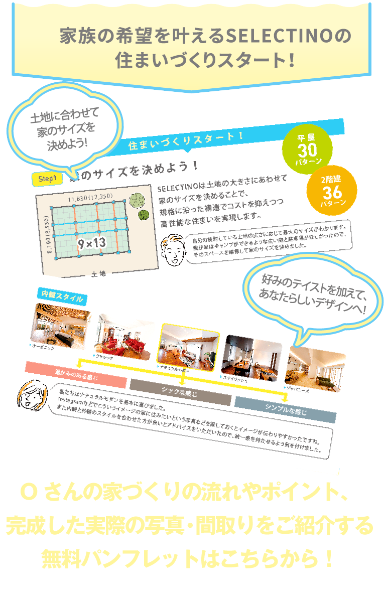 家族の希望を叶えるSELECTINOの住まいづくりスタート！Oさんの家づくりの流れやポイント、完成した実際の写真・間取りをご紹介する無料パンフレットはこちらから！