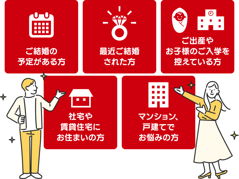 ご結婚の予定がある方、最近ご結婚された方、ご出産やお子様のご入学を控えている方、社宅や賃貸住宅にお住まいの方、マンション、戸建てでお悩みの方。