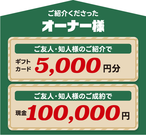 ご紹介くださったオーナー様|ご友人・知人様のご紹介でギフトカード5,000円分、ご友人・知人様のご成約で現金100,000円プレゼント!